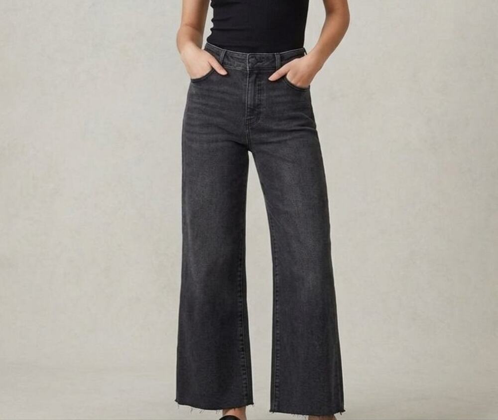 Zara Kids Girls Black Wide-Leg Jeans – Size 11-12 – Adjustable Waist & Raw Hem